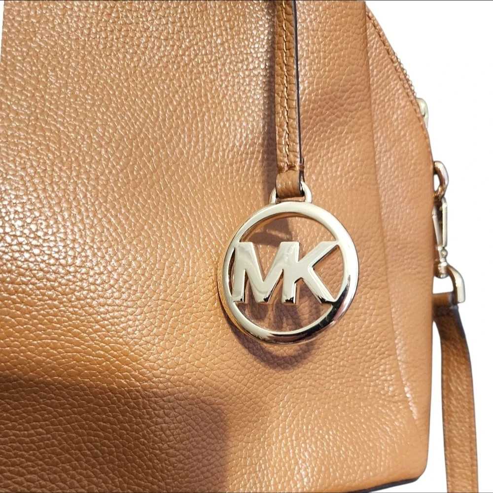 Michael Kors Maxine Pebbled Leather Acorn Tan Dome Crossbody Satchel Bag - Picture 3 of 13